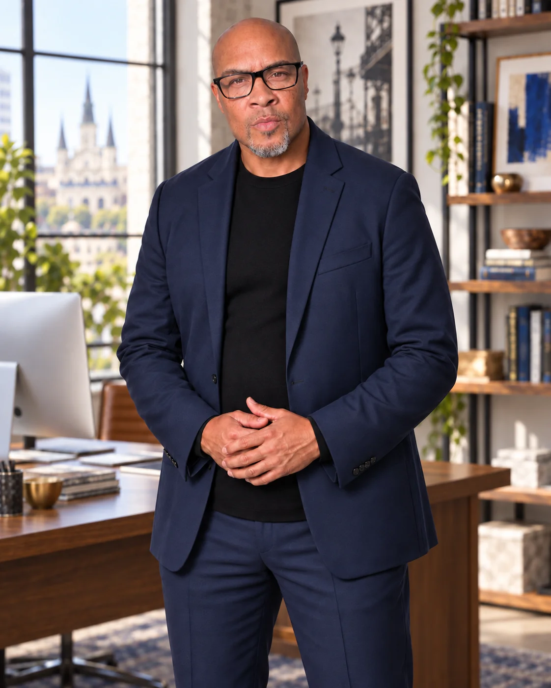 Fred Plunkett standing in a creative office, wearing a navy blazer and black shirt