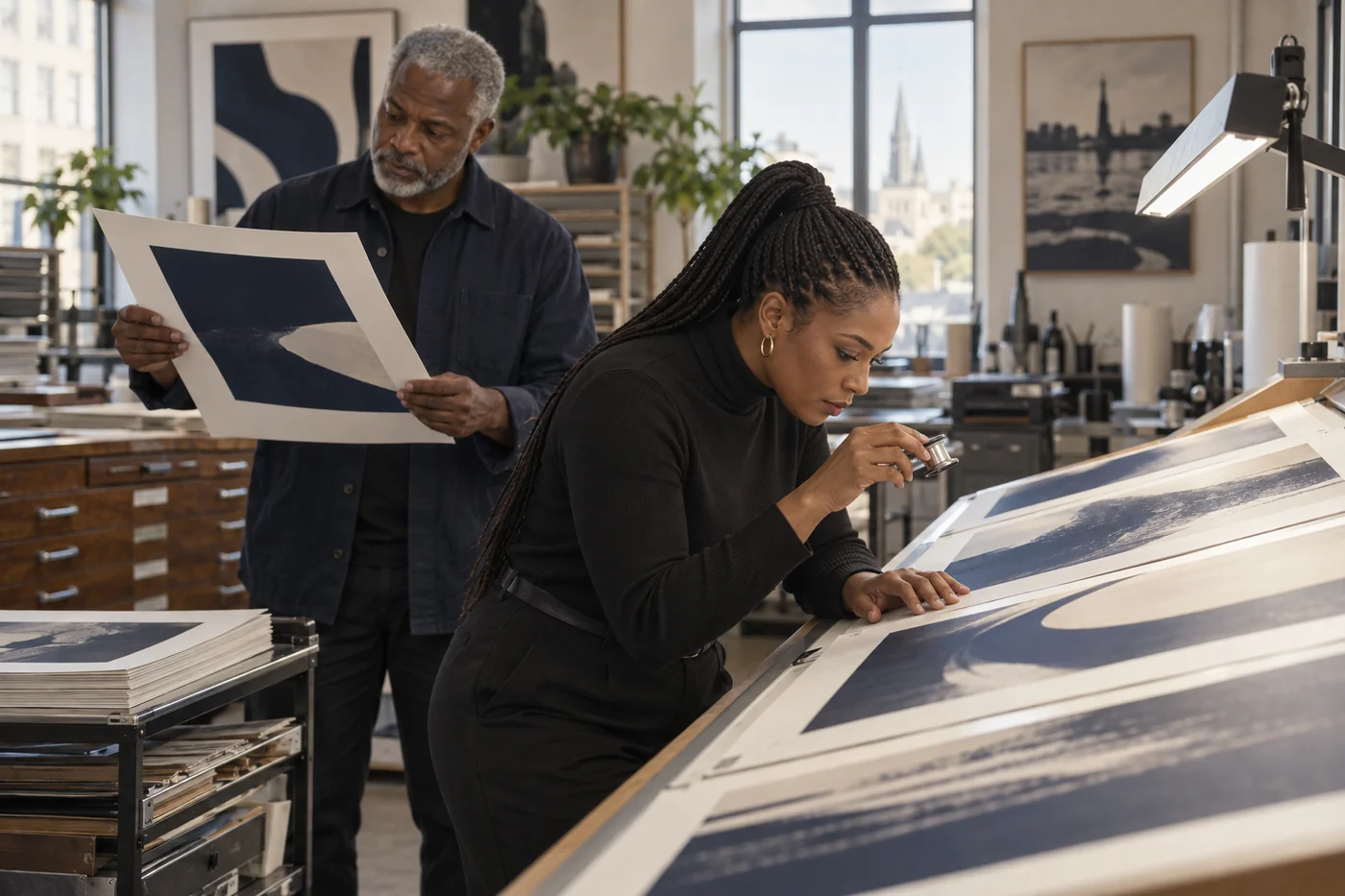 An art director and print specialist examining large-format creative proofs